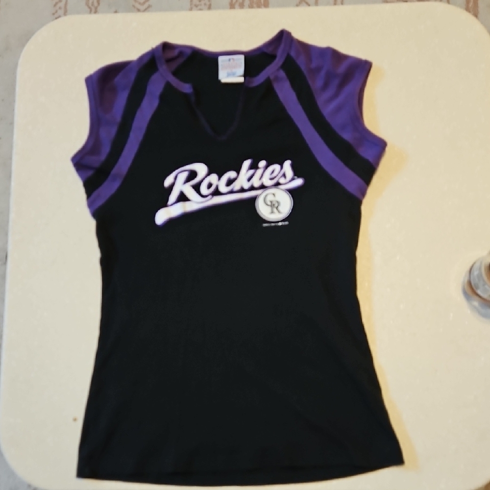 Ladies Cut Black and Purple Rockies Tank. Genuine Merch, Size LG